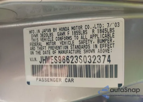 2003 Honda Civic Hybrid from USA, damaged, VIN JHMES96623S032374